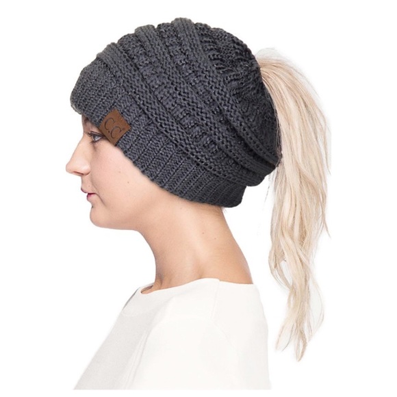 C.C Accessories - C.C Ponytail/Messy Bun Dark Gray Metallic Beanie